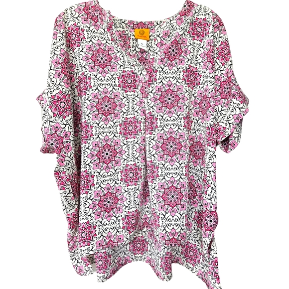 Ruby Red Oh  Happy Day Azalmul Pink/White/Black Tile Mix Shortsleeve Top - Picture 7 of 14